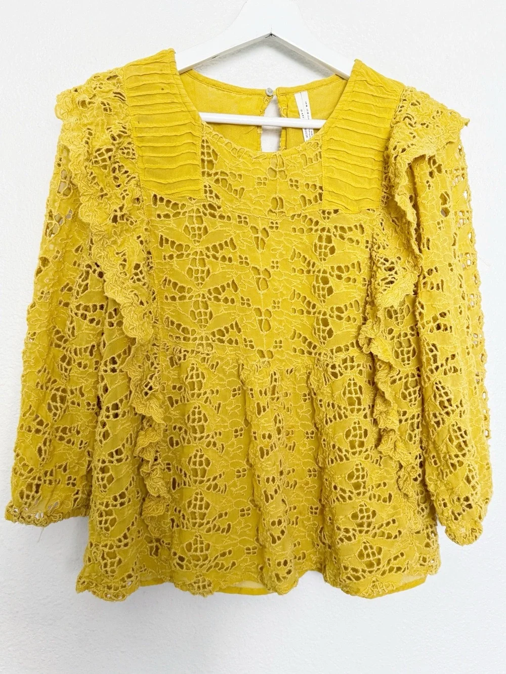 Anthropologie Clementine Eyelet Lace Ruffle Babydoll Blouse Yellow US 12